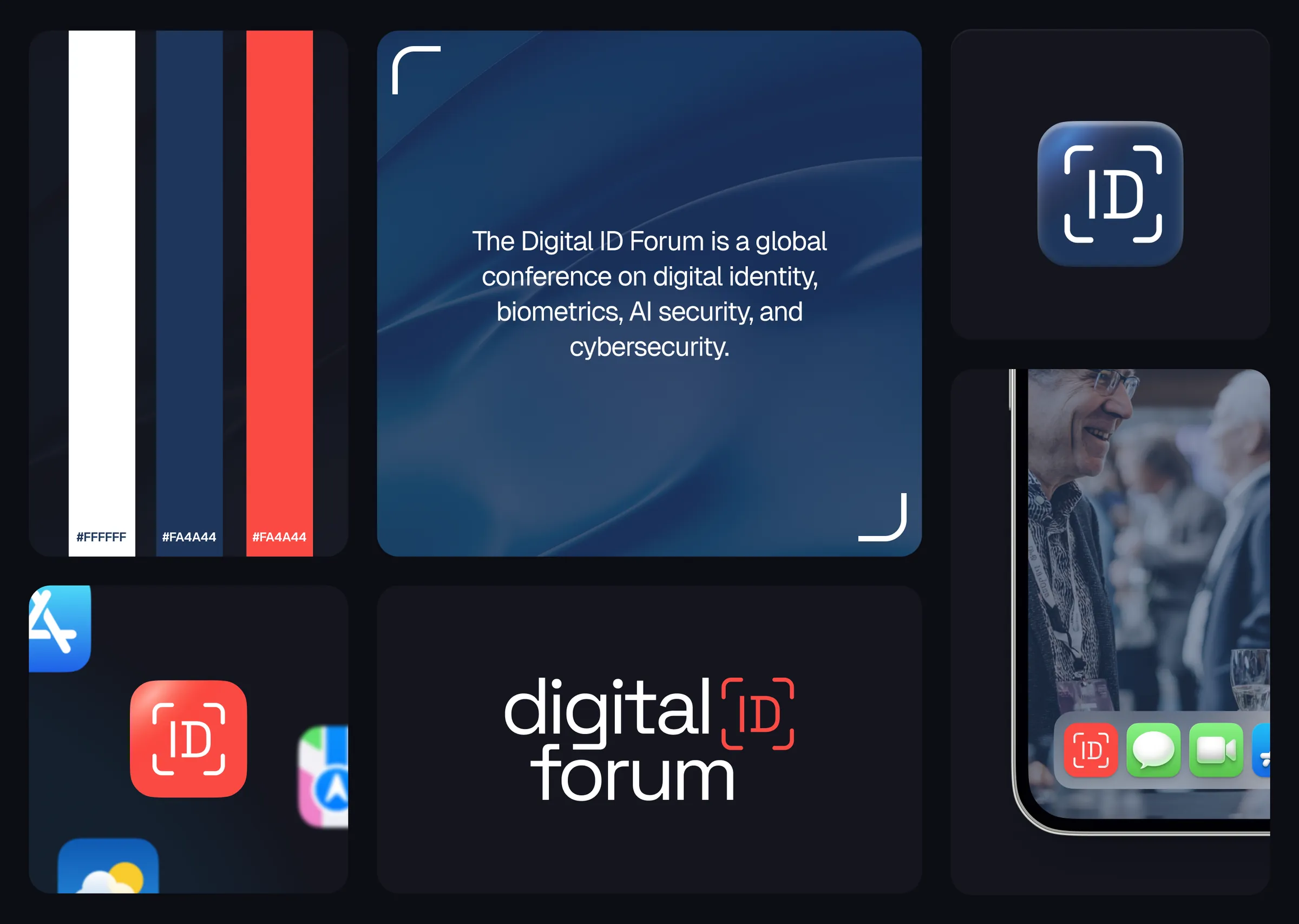 The identity on one board: colours, the logo, icons, the event app.