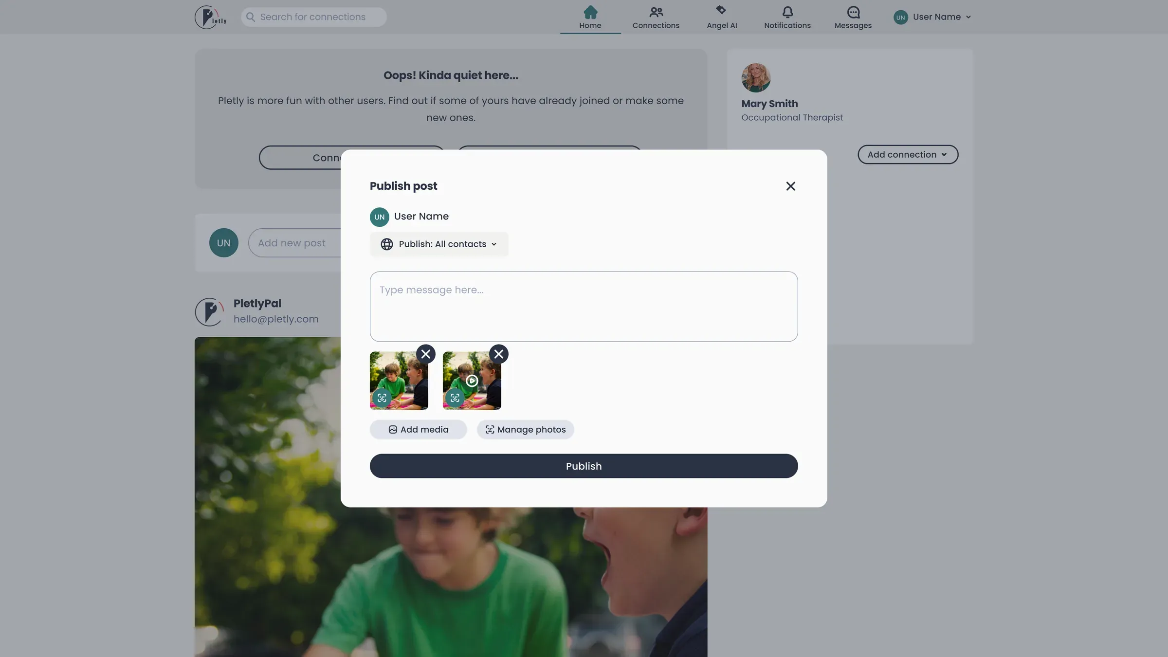 Pletly on the web: posting an update to the whole care circle at once.