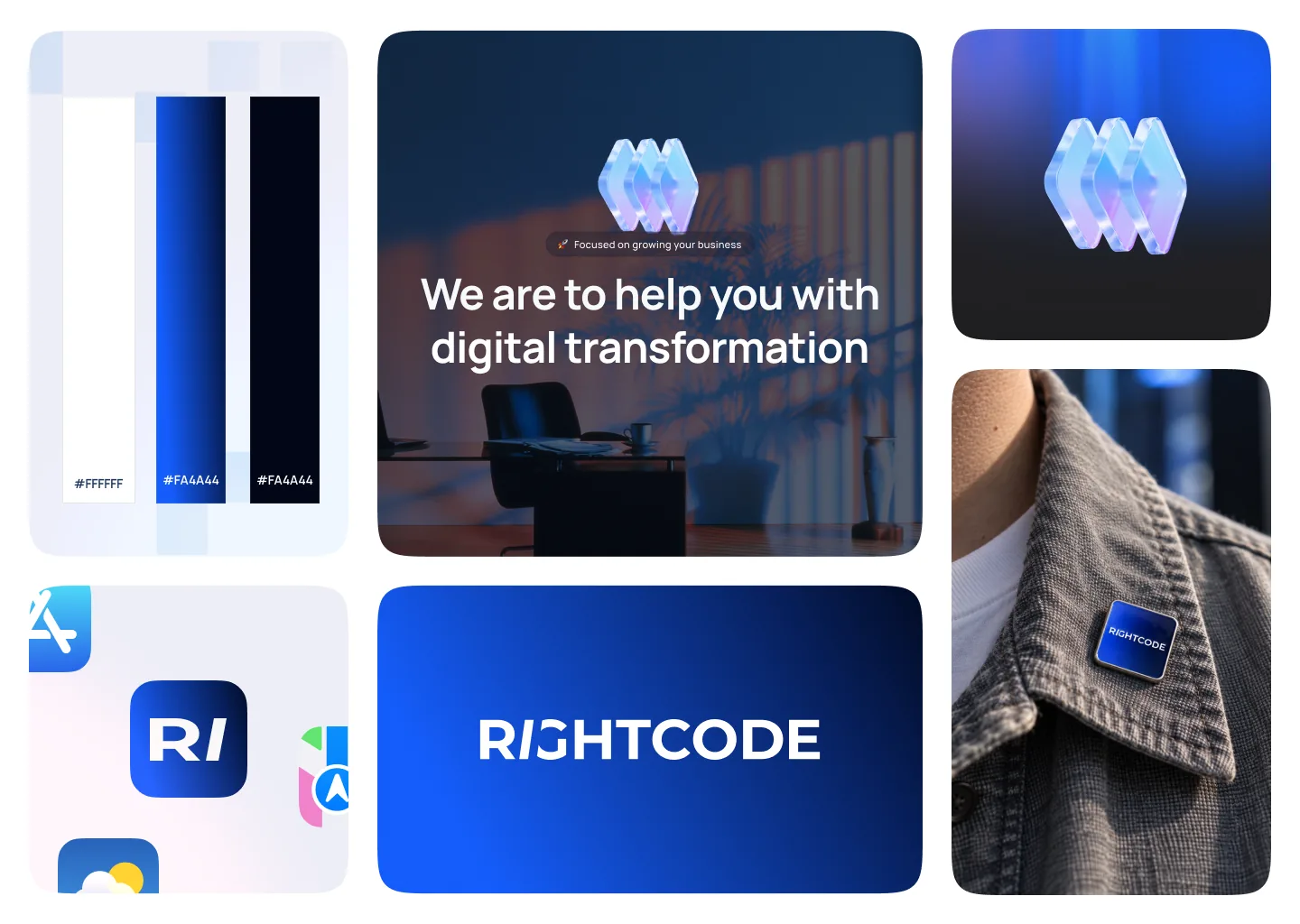 The brand at a glance: colours, the app icon, the site, the pin.