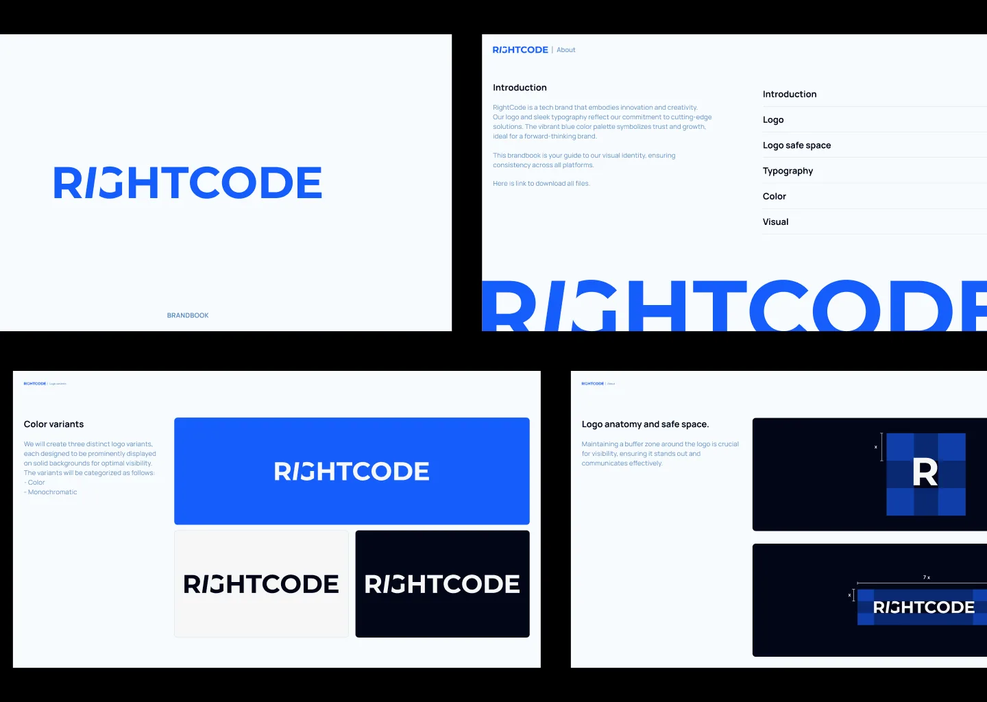 Brand book: the wordmark on brand blue, light and dark.
