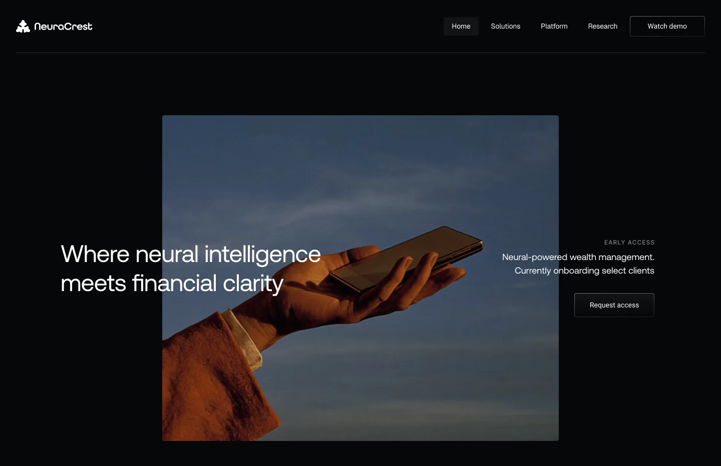 The homepage: one idea per screen, early access first.