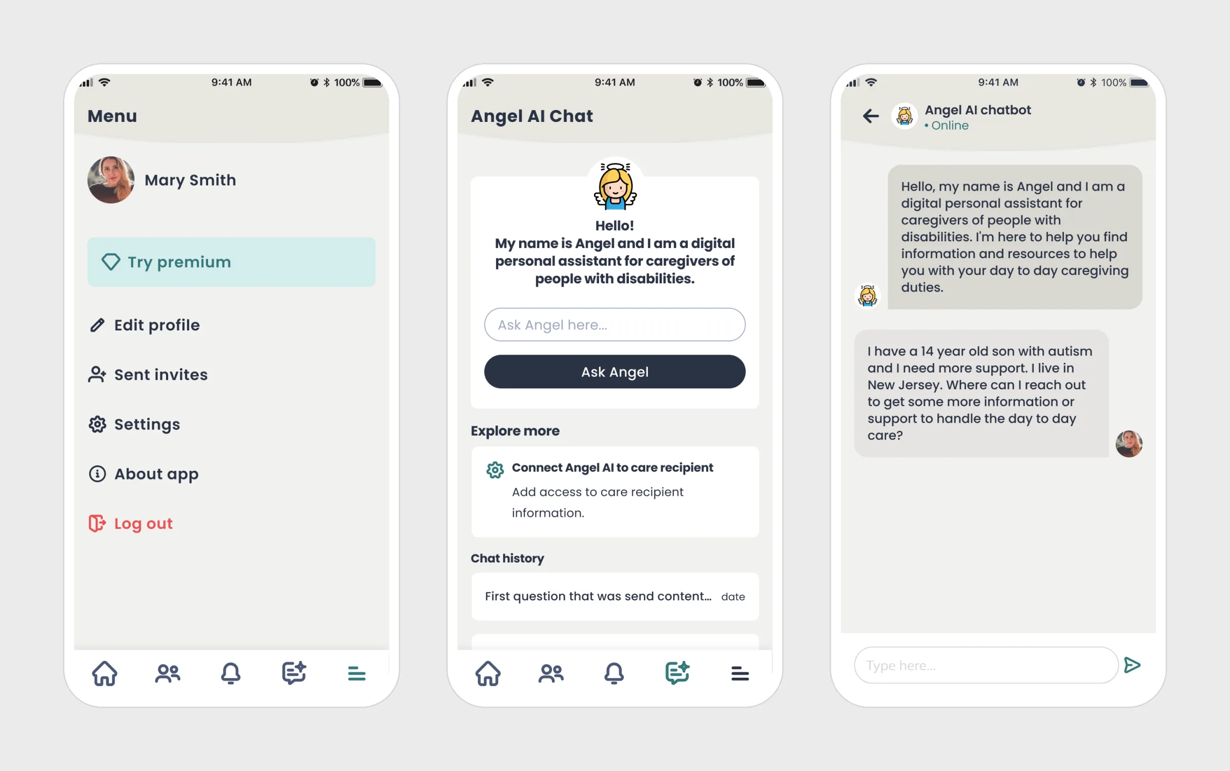 Angel, the AI assistant: from the menu to a caregiver's first question, answered in plain words.